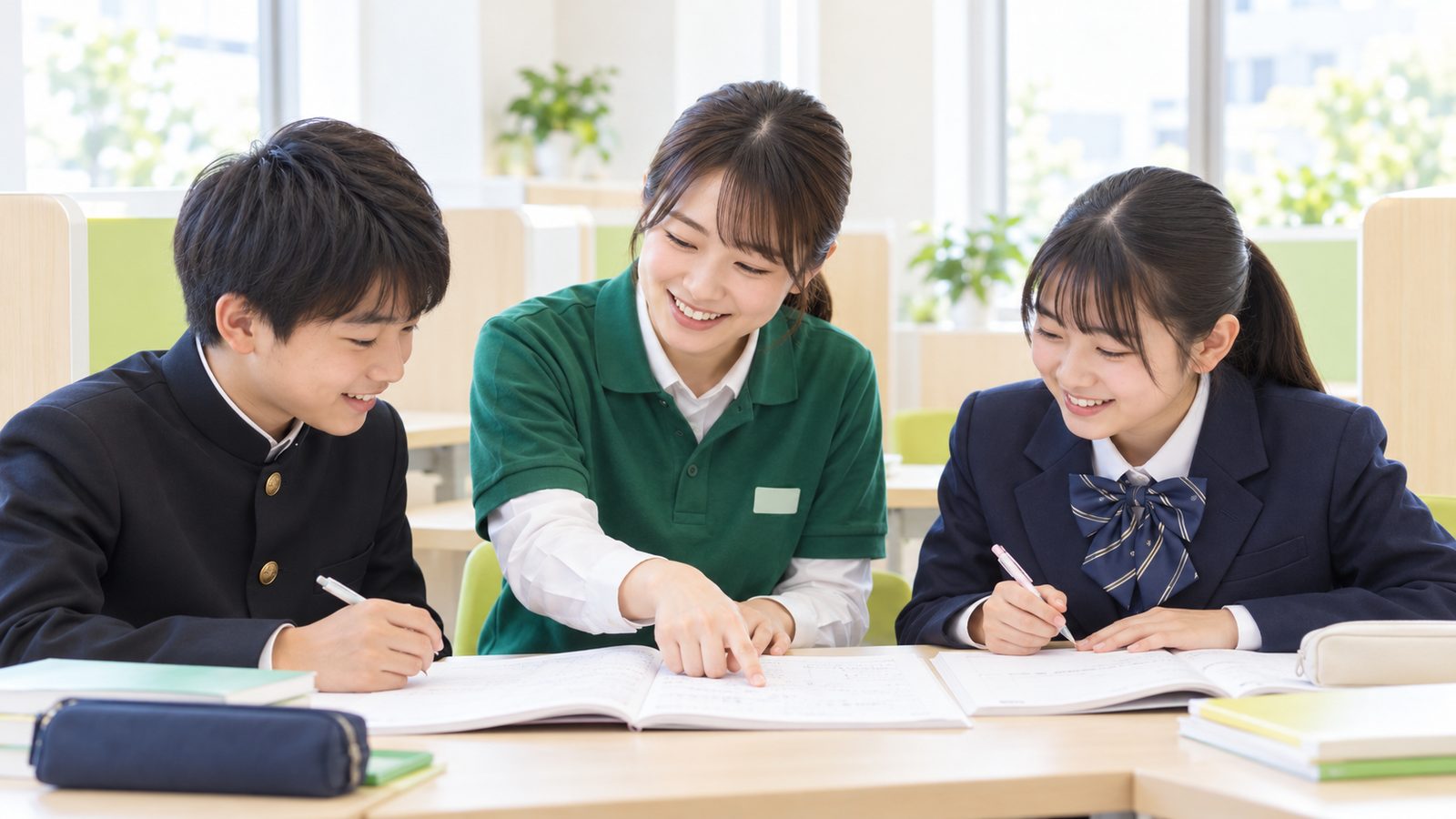 講師が2人の生徒にノートを指さしながら教える授業風景
