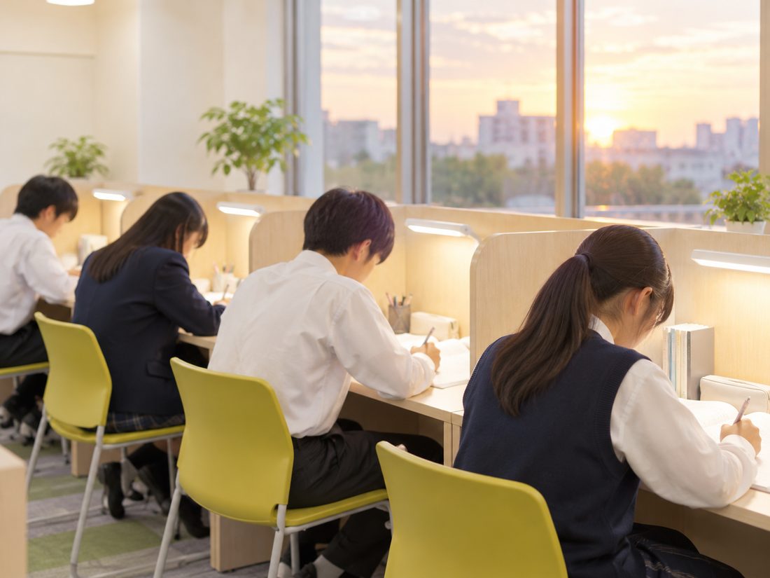 夕方の自習室で勉強する生徒たち