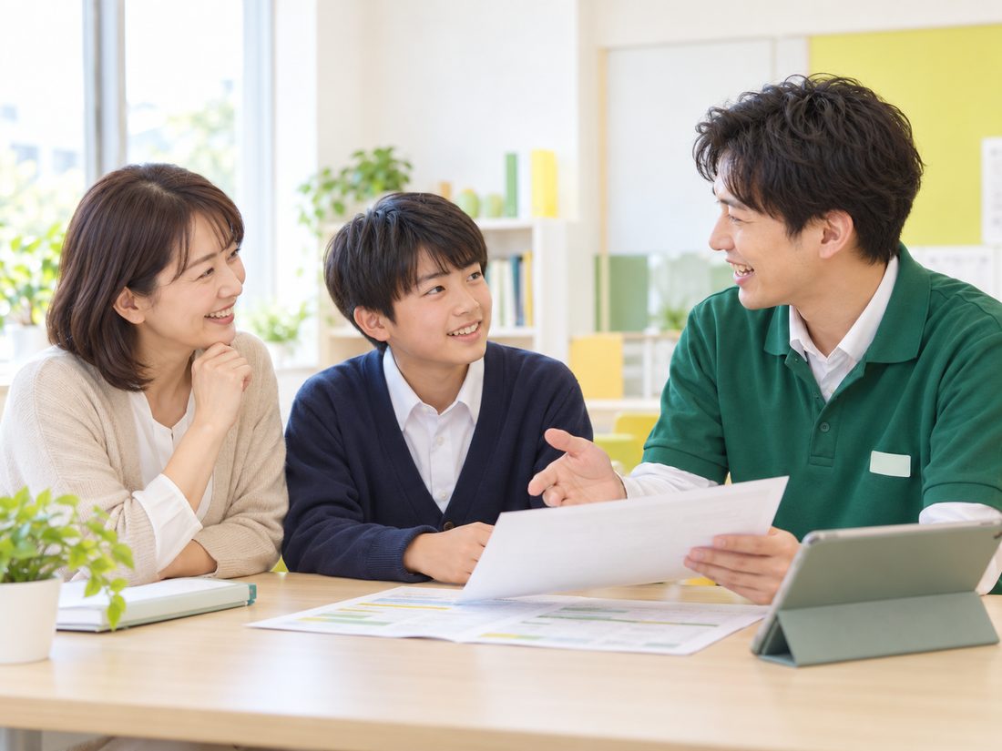 教室長が保護者と生徒に学習計画を説明する面談